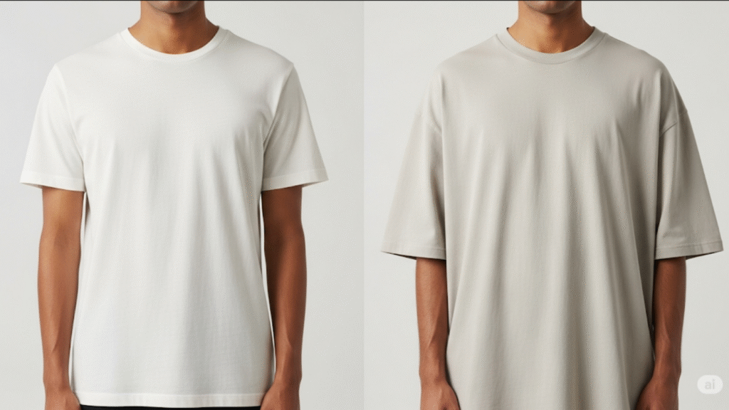 Regular 180 GSM vs oversized 220 GSM T-shirt drape comparison on torso.