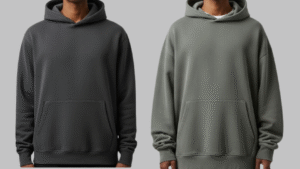 Hoodie size guide hero comparing regular-fit vs oversized fits on Indian models with a clear overlay outline.