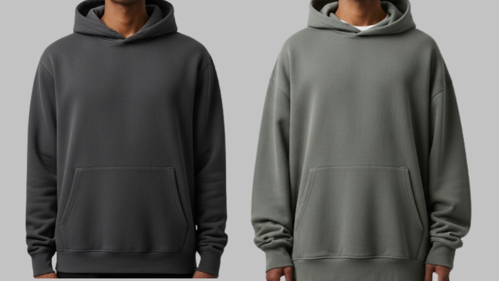 Hoodie size guide hero comparing regular-fit vs oversized fits on Indian models with a clear overlay outline.